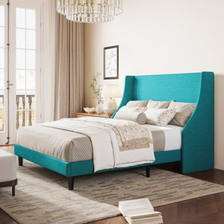 Bowdoin Modern Linen Upholstered Wingback Platform Bed with Wooden Slats