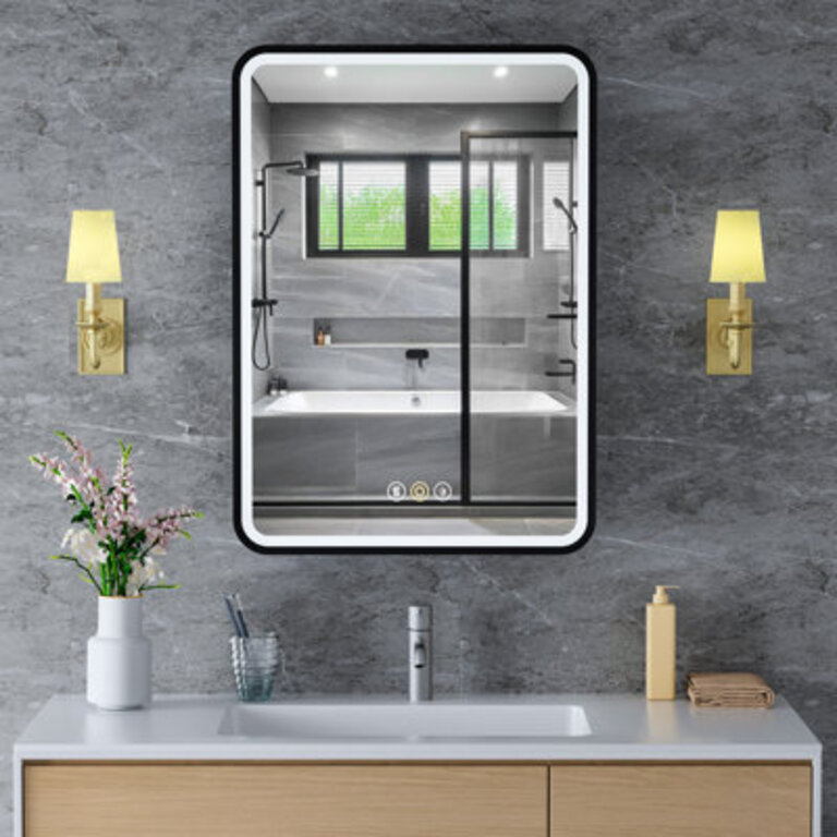 Fruzsina SurfaceRecessed Mount Medicine Cabinet with Mirror and 3 Sliding Adjustable Glass Shelves 3 Color Light Anti-Fog Memory Function
