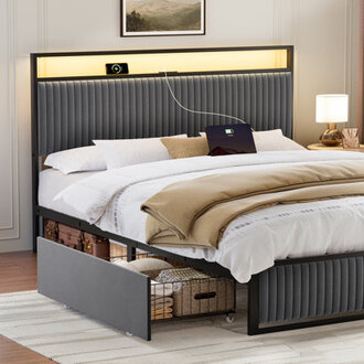 Antioch Upholstered Bed Frame with 2 Storage Drawers Modern Platform Bed with Charging Station  LED Light No Spring Box Needed