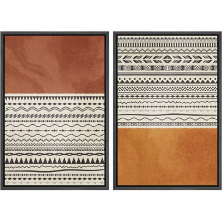 Geometric Line Brown Tribal Southwest Boho Polygon Pattern Abstract Picture Framed Canvas 2 Pieces Print Wall Art
