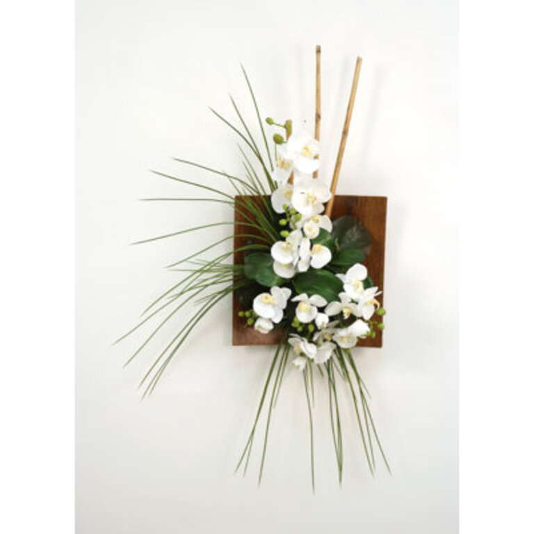Silk Orchid Bamboo and Grass Floral Arrangement in Wood Sushi Tray