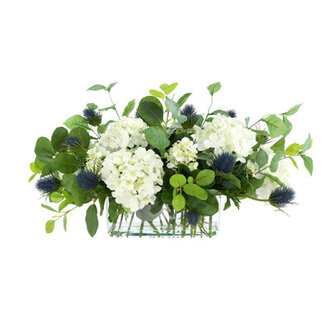 Hydrangea and Thistle Floral Arrangement in a Rectangular Glass Vase