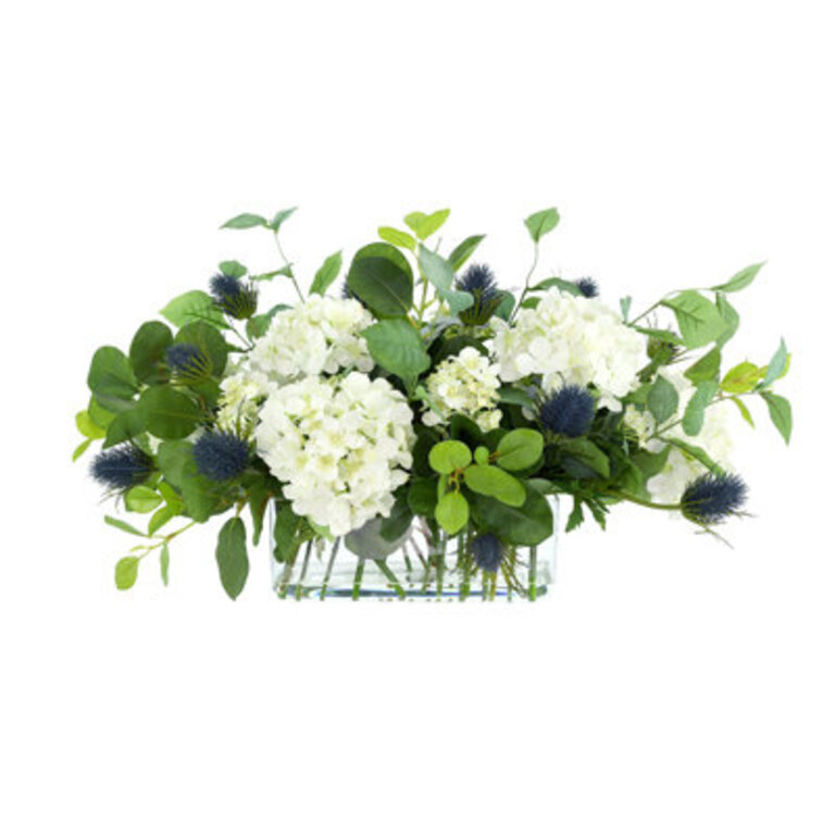 Hydrangea and Thistle Floral Arrangement in a Rectangular Glass Vase