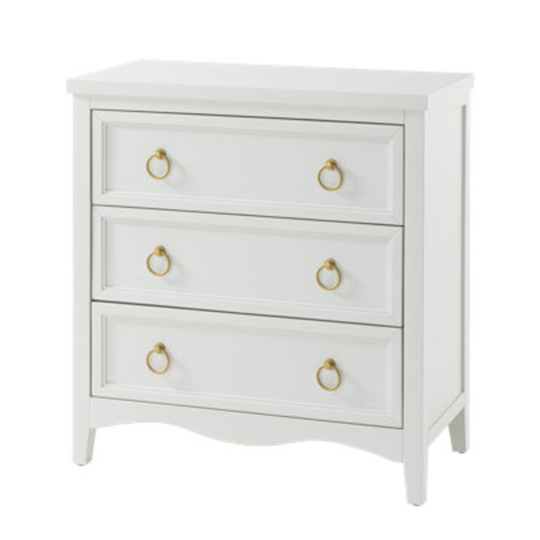 Farmhouse Fully-Assembled White 3-Drawer Dresser Chest Vintage Nightstand With Bronze Metal Ring Handles