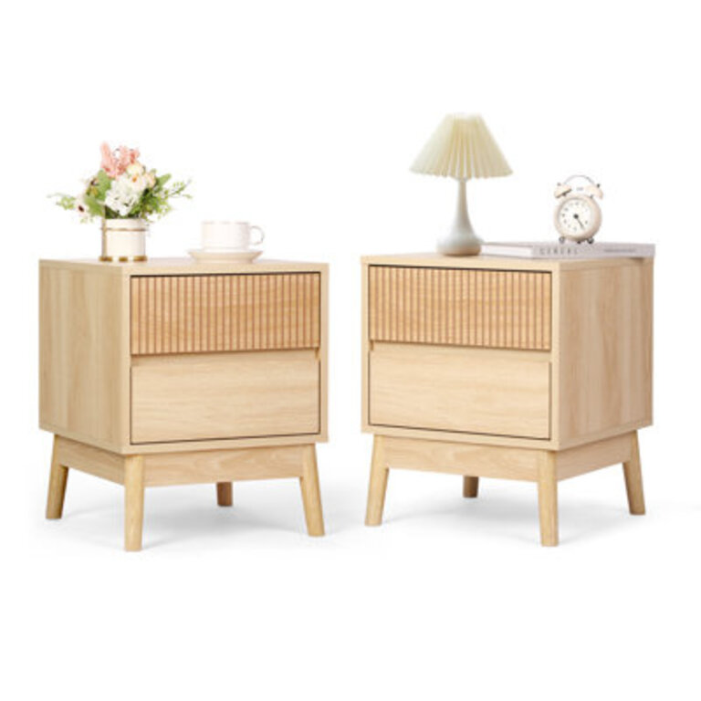 Grooved Wooden Nightstands With 2 Drawers
