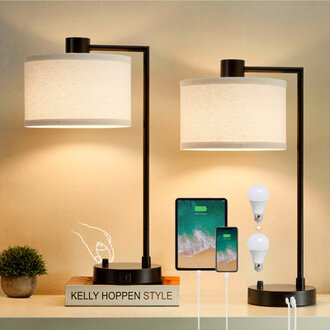 Navreet Table Lamp Set with USB CA Charging Ports Fully Stepless Dimmable Bedside Lamp Bulbs Included