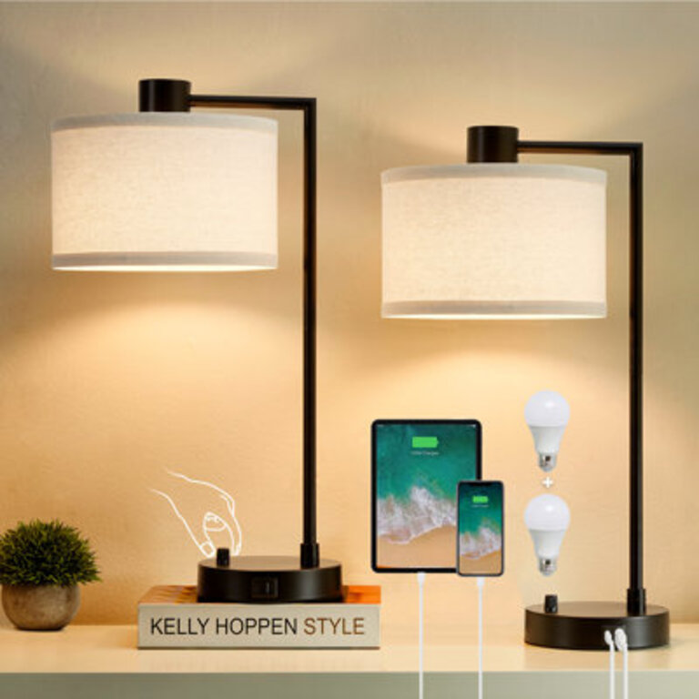 Navreet Table Lamp Set with USB CA Charging Ports Fully Stepless Dimmable Bedside Lamp Bulbs Included