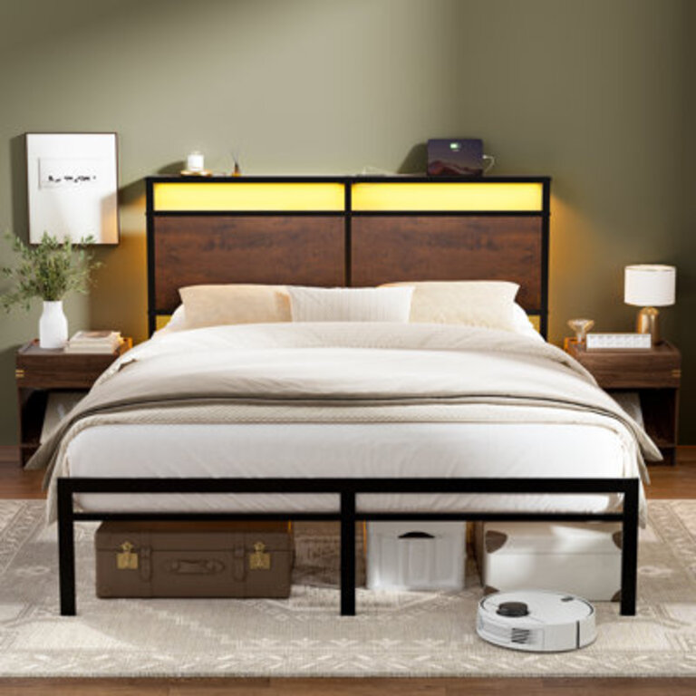 Antioch Bed Frame with LED Light and Charging Station Metal Frame with Storage Headboard Large Storage Space No Box Spring Needed