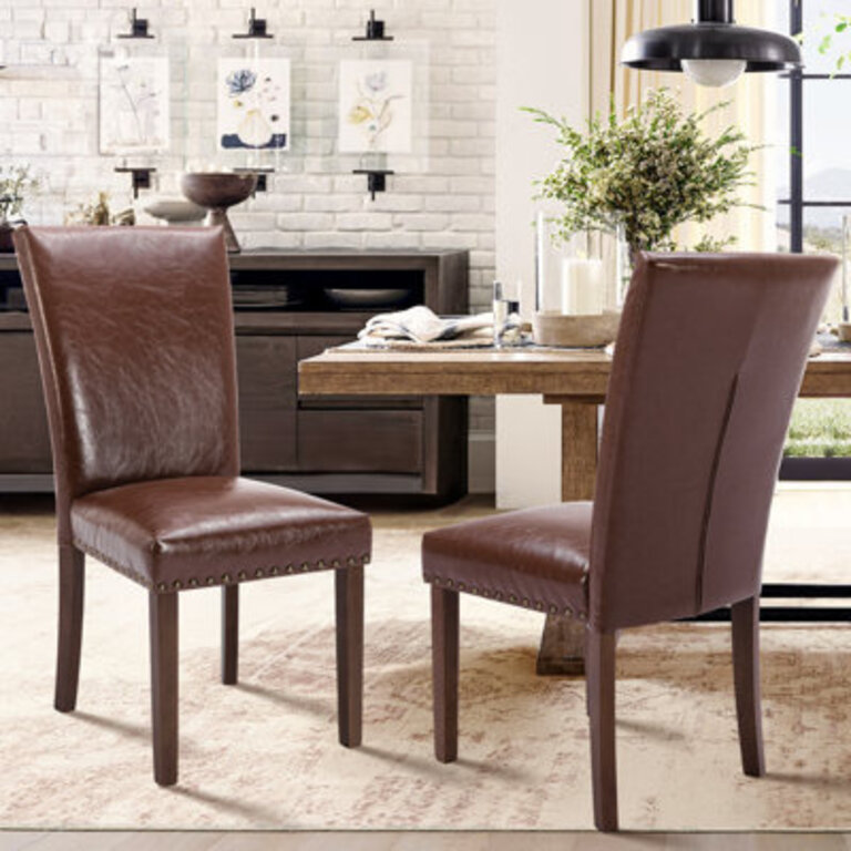 Nailhead Trim Leather Upholstered Side Chair Dining Chair Set of 2