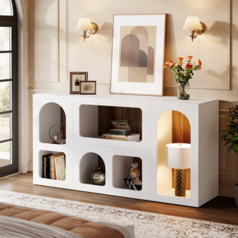 59 White Console Table Modern Entryway Table with 6 Cube Storage Organizer