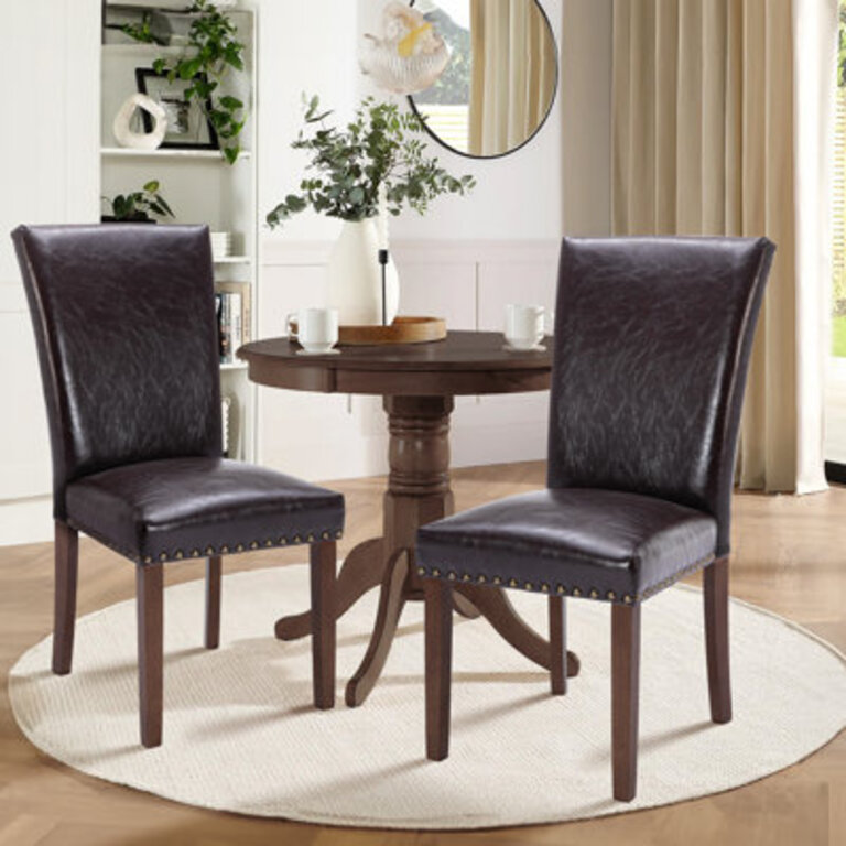 Nailhead Trim Leather Upholstered Side Chair Dining Chair Set of 2