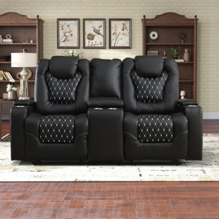 721 Wide Modern Style Faux Leather Power Reclining Loveseat Sofa with USB  Arm Storage  Cup Holders