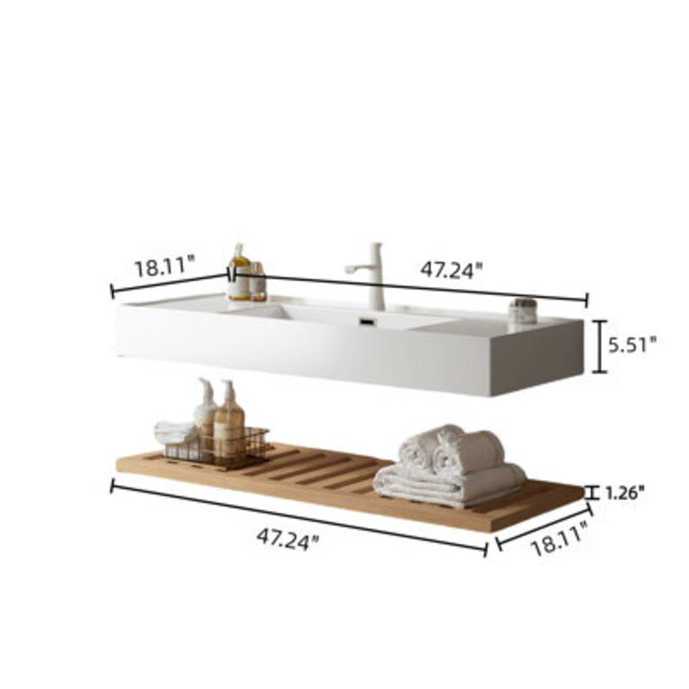 Lede 48 Bathroom Vanity  Wall-mounted Floating White Rectangular Engineered Stone Basin Without Faucet Striped Shelves Layer Nature Oak