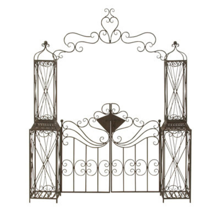Vereen Metal Indoor Outdoor Scrollwork Arched Gate Garden Arbor with Pillars and Latch Lock Closure