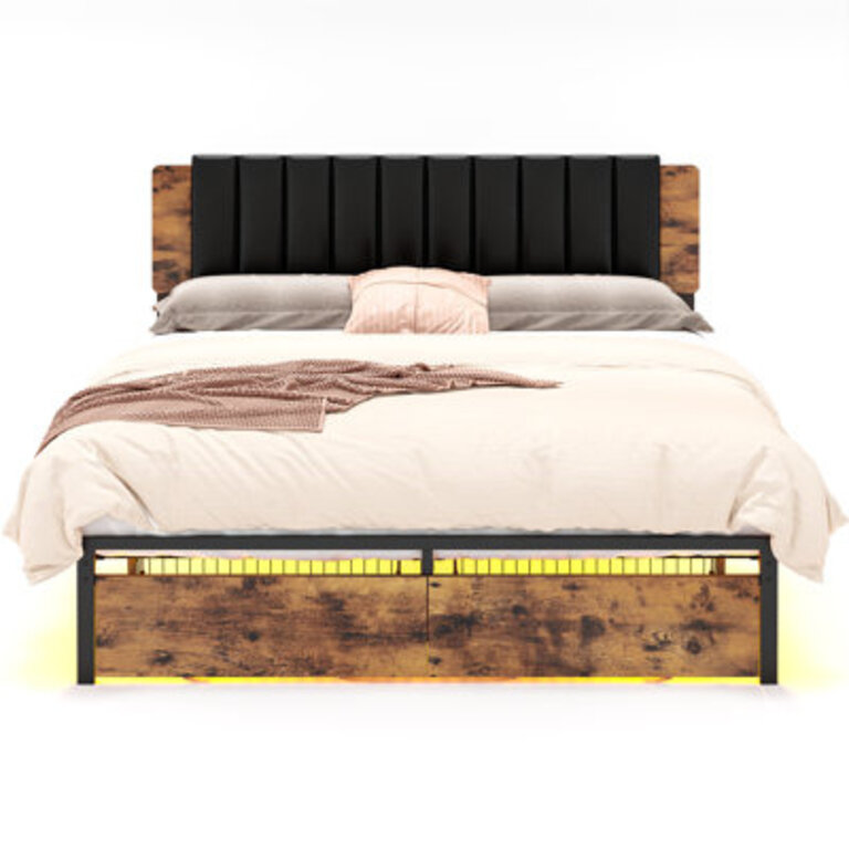 Takhia Bed Storage Bed Frame with Removable Upholstered Panel LED Light  Outlet Metal Platform Bed with Storage Footboard