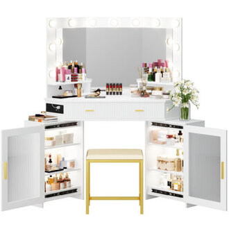 Modern Corner Makeup Vanity Set with Mirror and Cabinets