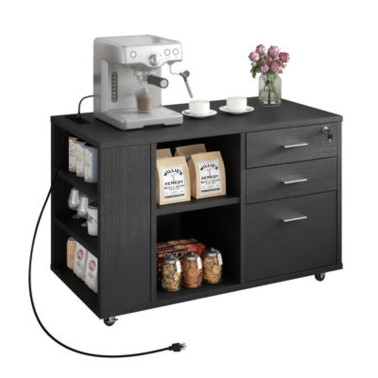 Ardeha 39 W 3-Tiers Wood Storage File Cabinet with 3 Drawers 3 Side Storage Shelve Built-In Outlet