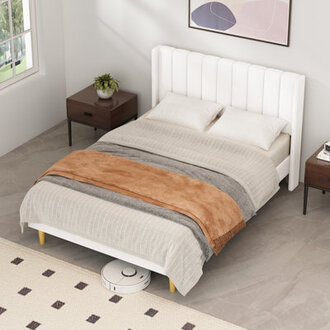 Deeb Luxury Corduroy Upholstered Platform Bed Frame - Modern Wingback DesignNo Box Spring Needed Noise-Free