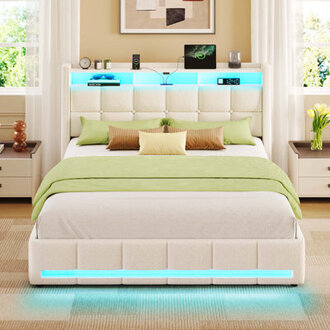 Upholstered Platform Bed Frame with Wingback Headboard LED Lights  4 Storage Drawers