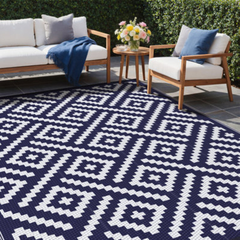 Kelline Machine Woven Polypropylene Indoor  Outdoor Rug Waterproof Mat in NavyBlueWhite