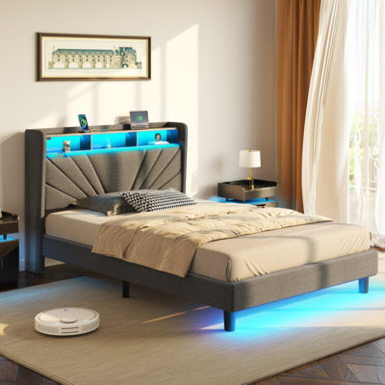 Wenda Upholstered Metal Wingback Storage Bed with Headboard Charging Station and LED Lights