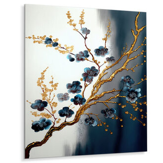 Blue and gold Cherry Blossom Branch - Modern Tree metal Wall Decor - Cherry Blossom Metal wall art
