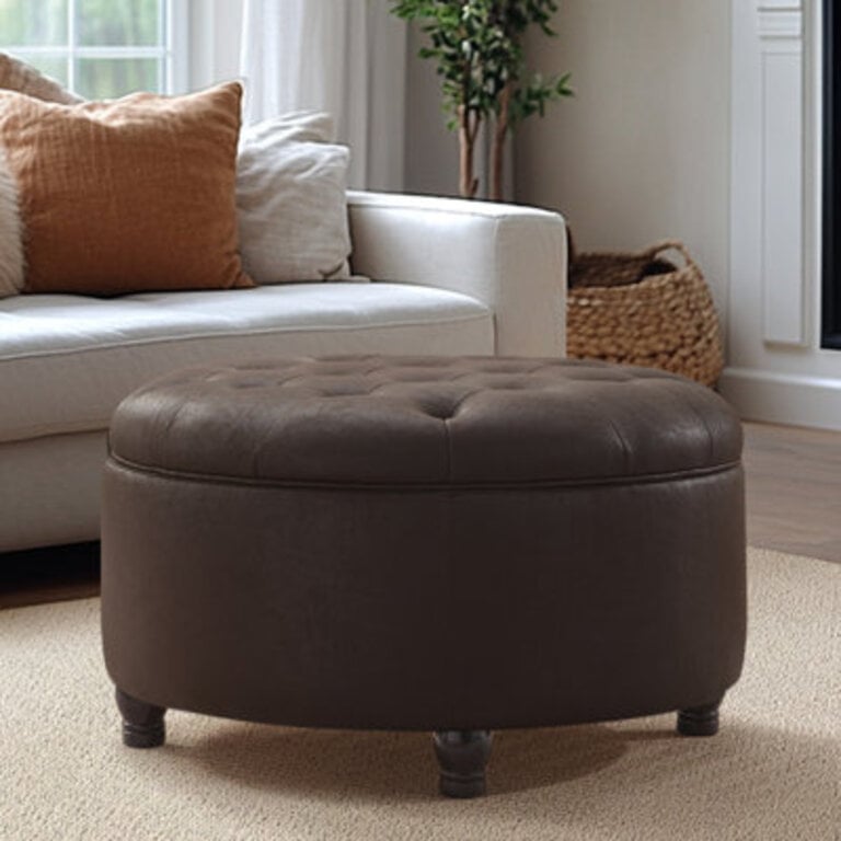 Dimitrika 30W Faux Leather Tufted Round Storage Ottoman