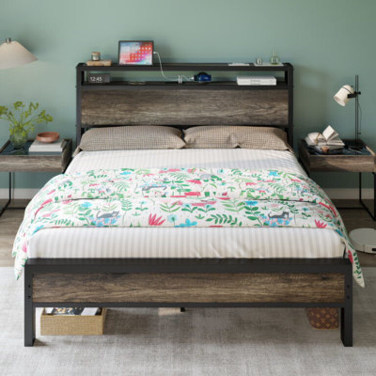 Tryston Bed Frame Industrial Platform Bed with Charging Station