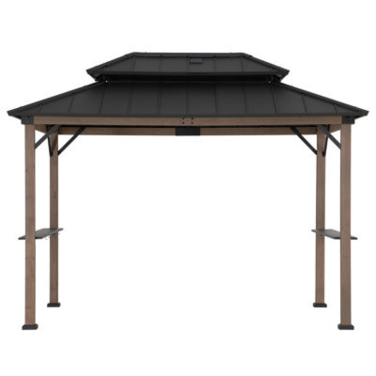 Sunjoy Wooden Grill Gazebo 8 x 12 ft Steel Hardtop Gazebo with Solar Power for Year-Round Grilling - 2 Full Size Grills Griddles or Smokers - Outdoor Cooking Shelter for Backyard BBQs Party