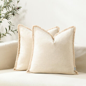 Washed Linen Textured Boho Farmhouse Pillow Cover With Tassels Edge