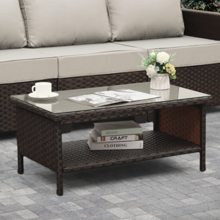 Outdoor Wicker Coffee Table Patio Table 2-layer Glass Tabletop with Furniture Cover