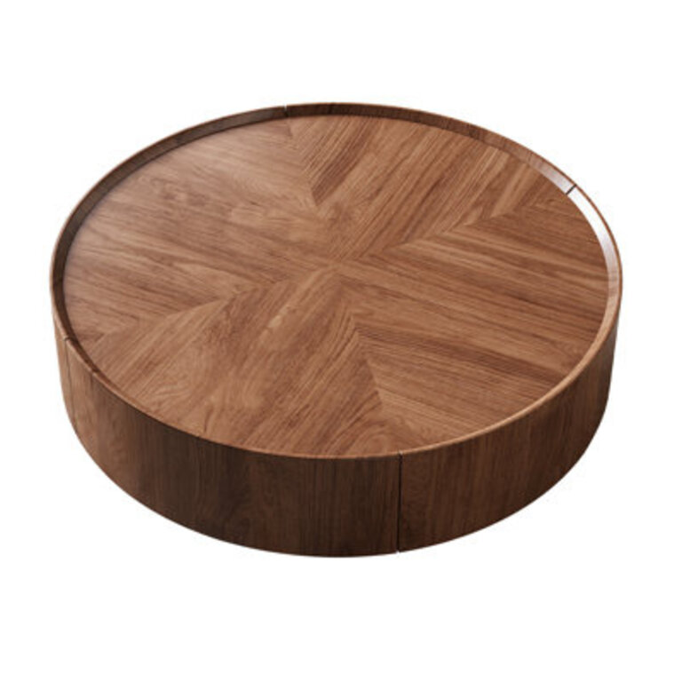 Shanea Industrial Walnut Round Coffee Table with Storage Drawers for Living Room and Home Office