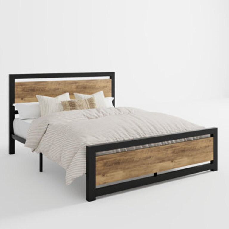 Marilee Wood and Black Metal Frame Bed with Headboard
