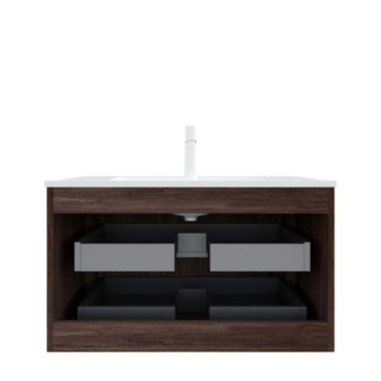 36 Striped Nature Solid Wood Bathroom Vanity with Sink Modern Wall-Mounted Floating Plywood Bathroom Cabinet White Ceramic Basin Pre-assembled Retro Walnut