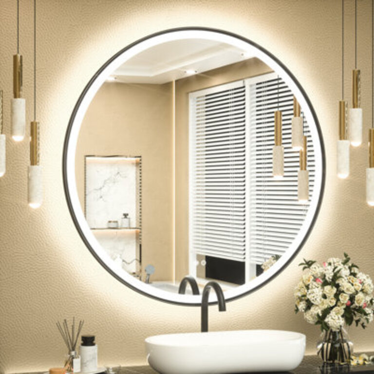 Round Framed Dimmable LED Anti-Fog With 3 Color Adjustment Bathroom Mirror FrontBacklit Vanity Mirror with Tempered Glass