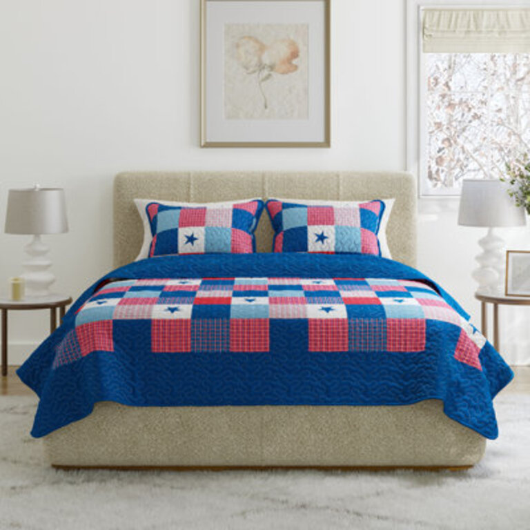 3-Piece Caroline Patriotic Quilt Set - Americana Stars and Plaid Patchwork Bedding