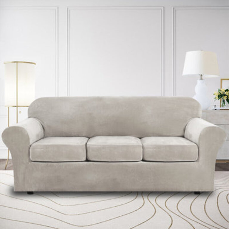 Modern Soft Velvet Plush 4 Piece High Stretch Sofa Slipcover Furniture Protector Luxury Thick Velvet Sofa Cover for 3 Cushion Couch Machine Washable