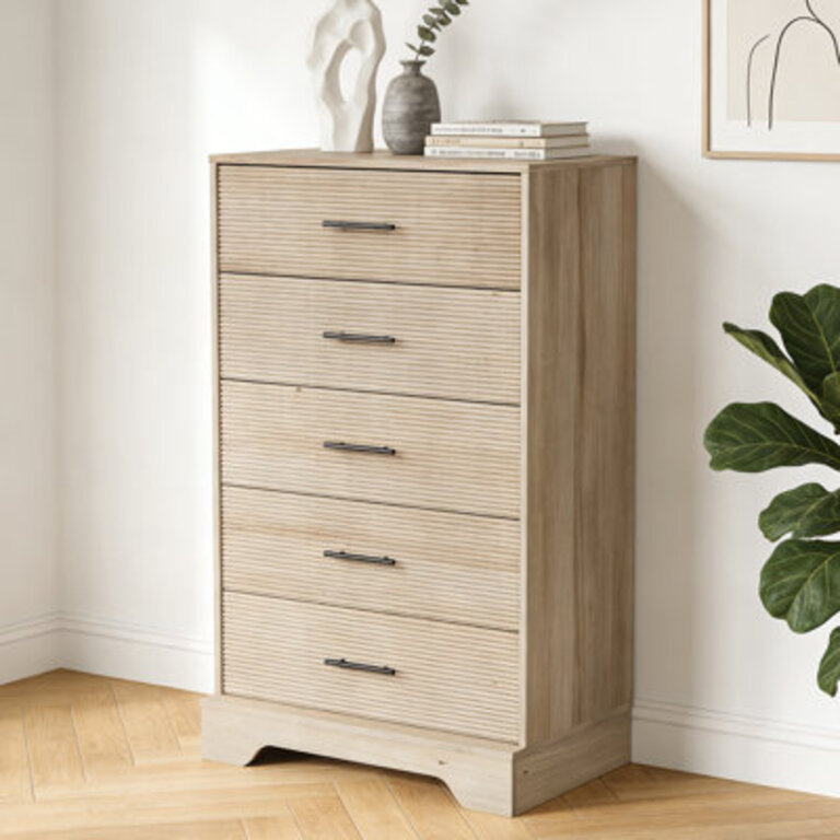 Zaneta 5 Drawer Dresser Fluted Tall Chest Of Drawer With Arched Base For BedroomWood Drawer Organizer For Living Room Hallway