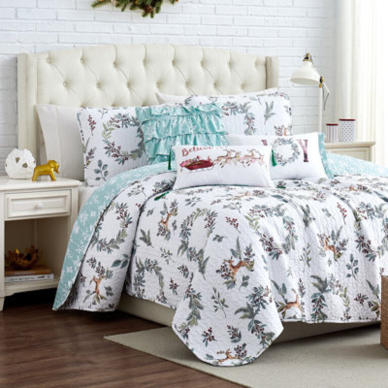 Happy Holidays WhiteGreen Microfiber Reversible Quilt Set