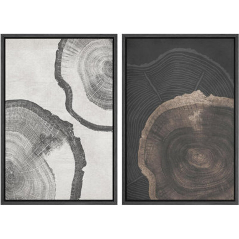 Tree Ring Grey Wood Stump Abstract Neutral Artwork Rustic Farmhouse Cabin Wall Pictures Framed Canvas Giclee Print 2 Pieces Wall Art Set  16x24x2 pcs 24x36x2 pcs