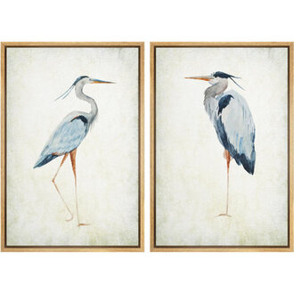 Blue Heron Bird Portrait Coastal Beach Decor - Framed Canvas Master Bedroom Wall Art Set 2 Print