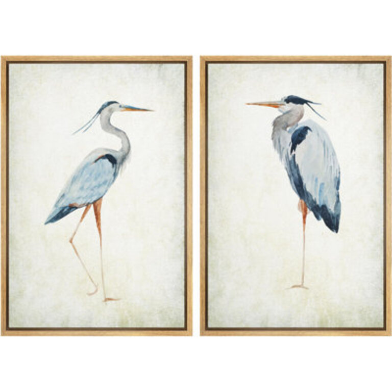 Blue Heron Bird Portrait Coastal Beach Decor - Framed Canvas Master Bedroom Wall Art Set 2 Print