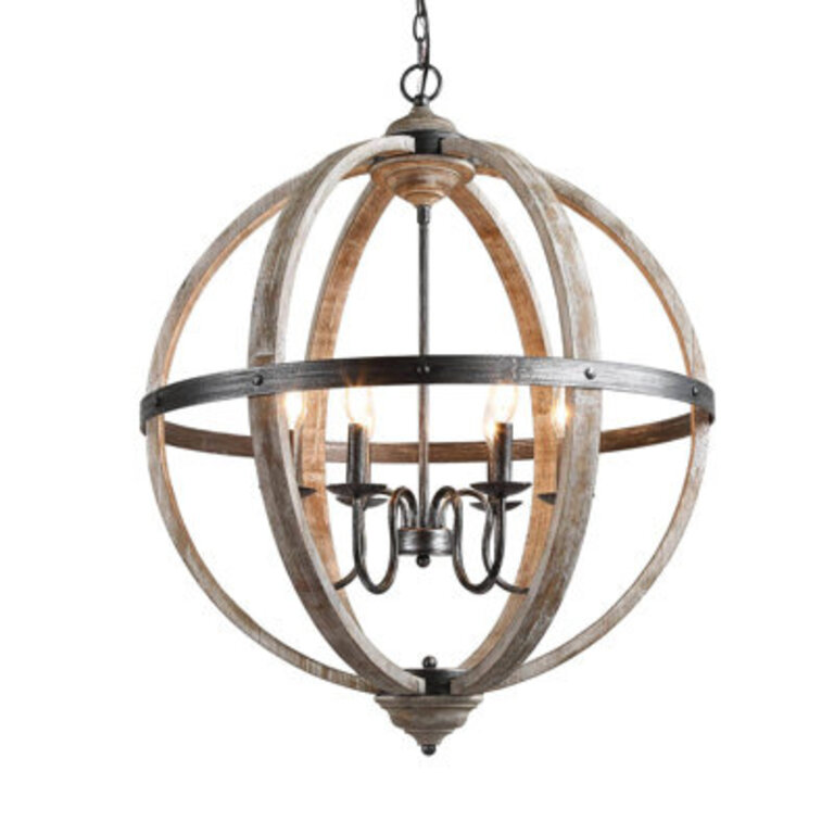 Aziz 6 - Light Large Lantern Globe Pendant with Wood Accents
