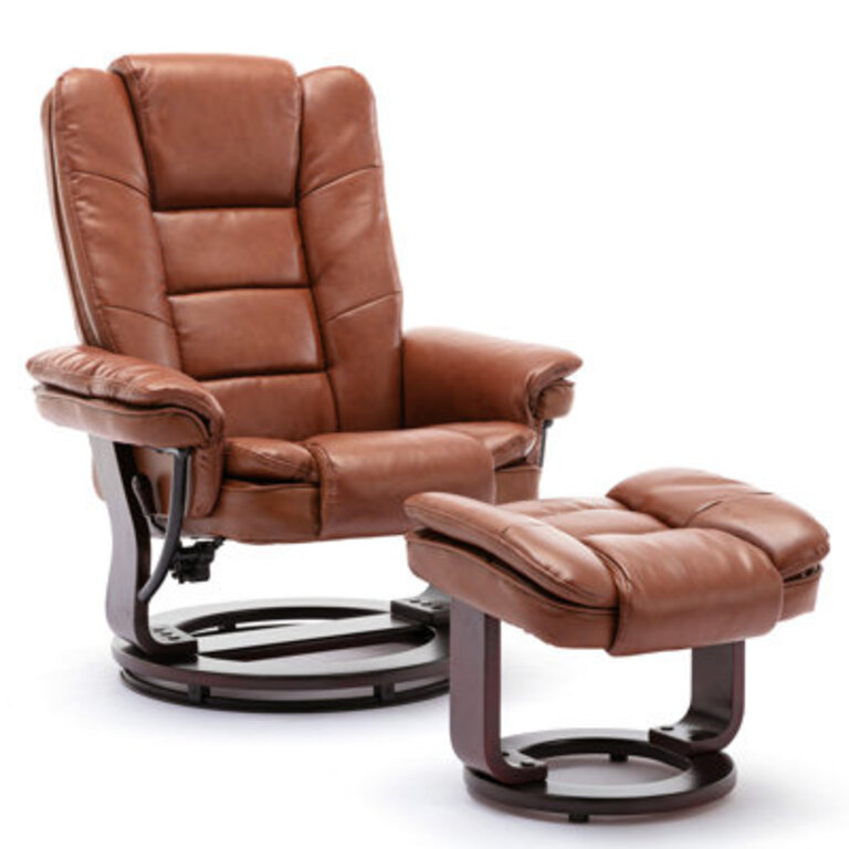32 Contemporary Leather Recliner and Ottoman with Swiveling Mahogany Wood Base