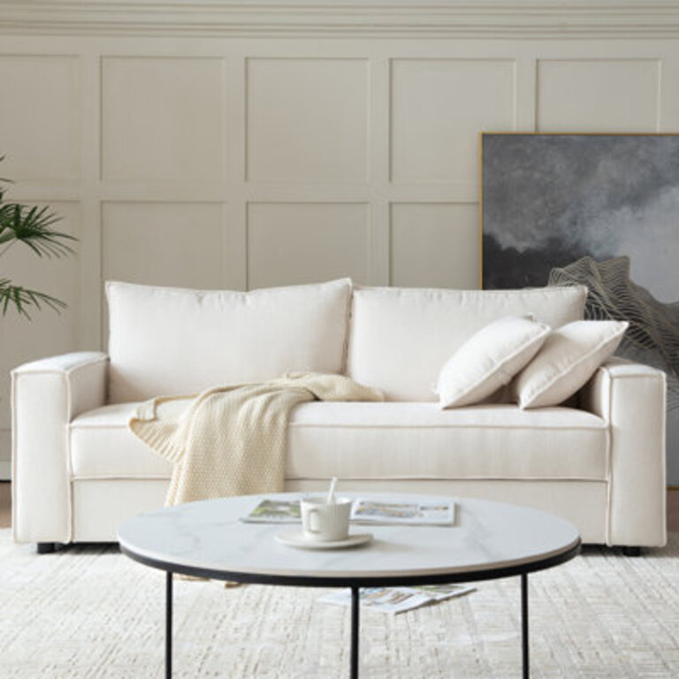 Traditional Upholstered Standard Sofa with Square Armrests and 2 Throw Pillows