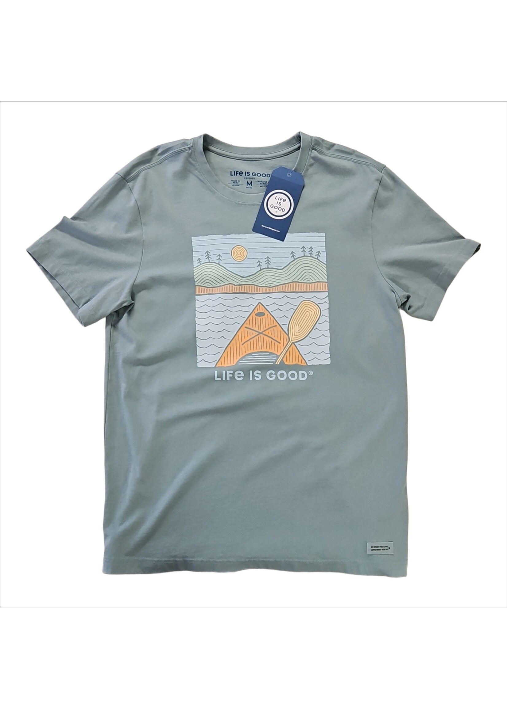 Life is Good Mens Crusher Tee Woodblock Kayak SmkBlu