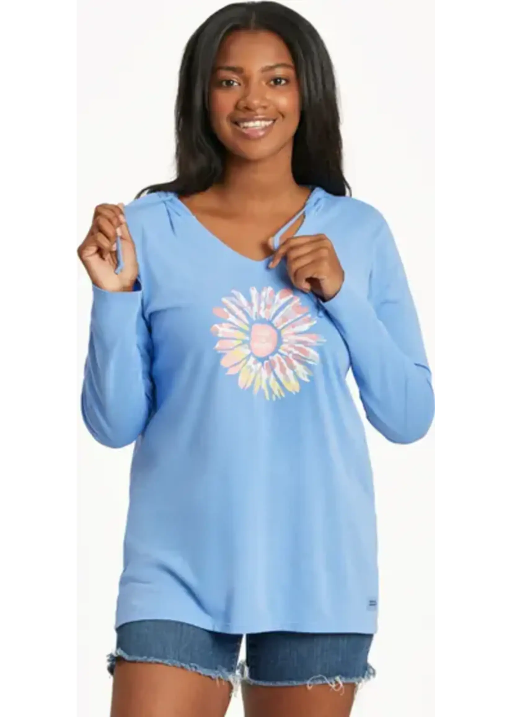 Life is Good Womens NEW LSleeve Hooded Cru Tie Dye Daisy CrnBlu