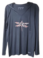 Life is Good Womens NEW LSleeve Hooded Dragonfly Flower DstBlu