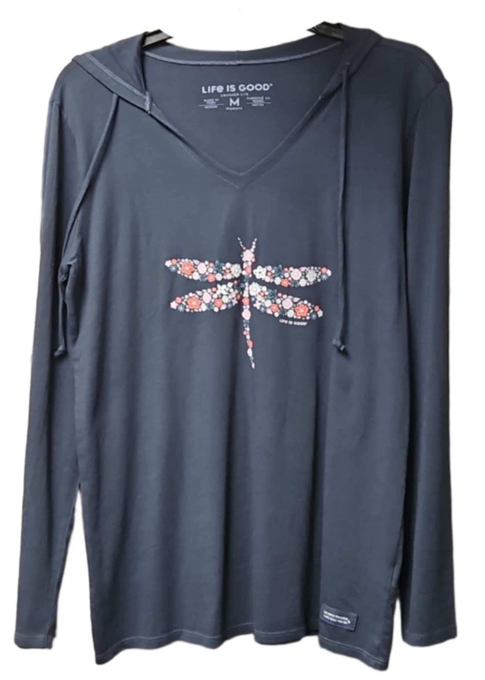 Life is Good Womens NEW LSleeve Hooded Dragonfly Flower DstBlu