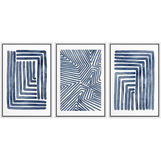 Geometric Line Navy Blue Stripe Abstract Artwork Simple Modern Contemporary Bedroom Wall Pictures Large Framed Canvas Giclee Print 3 Pieces Wall Art Set